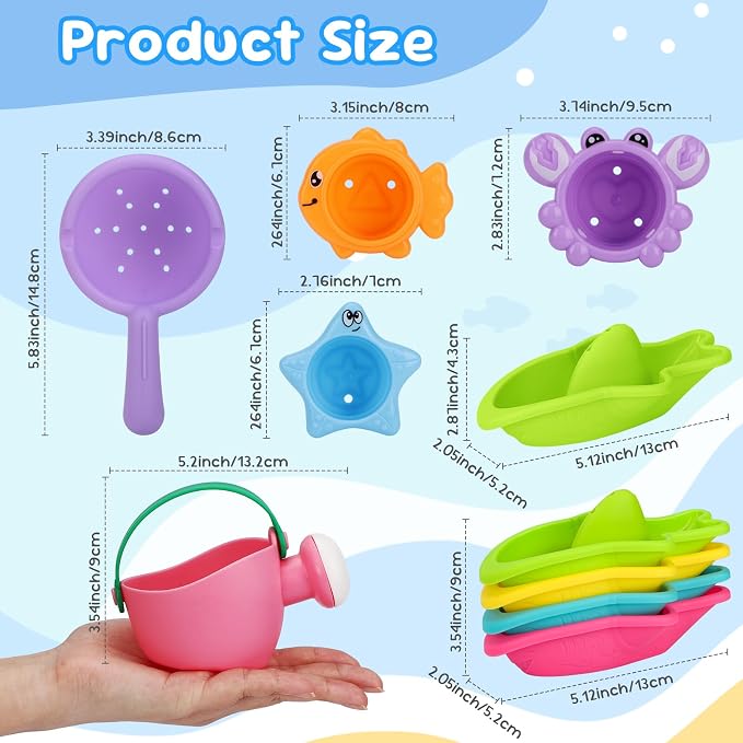 Fajiabao Toddler Bath Toys for Kids Ages 1-3 Multi-Play in Tub Water Pool | Learning Mold Free Bath Toys with Color Stacking Cups & Watering Can Interactive Shower Toys for 1 2 3 4 5 6 Birthday Gifts