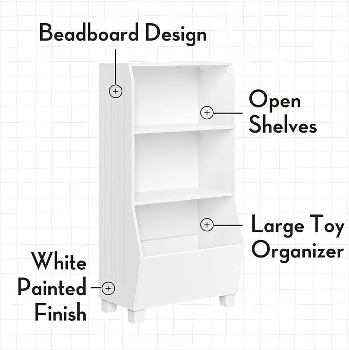 RiverRidge Kids Bookshelf with Veggie Storage Bin and 2 Open Shelves - Kids Storage Organizer, Toy Shelf & Book Shelf with Deep Veggie Bin and Top Toy Display Area