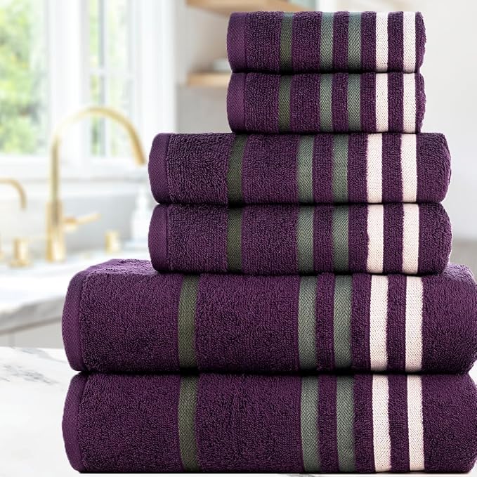 CASA COPENHAGEN Exotic 6Pcs 100% Egyptian Cotton Designer Towels Gift Set- Dark Purple, 550GSM,2Bath2Hand2Washcloths,Bath Towels for Bathroom (Box Pack,Gift Ribbon Set for Women & Men)