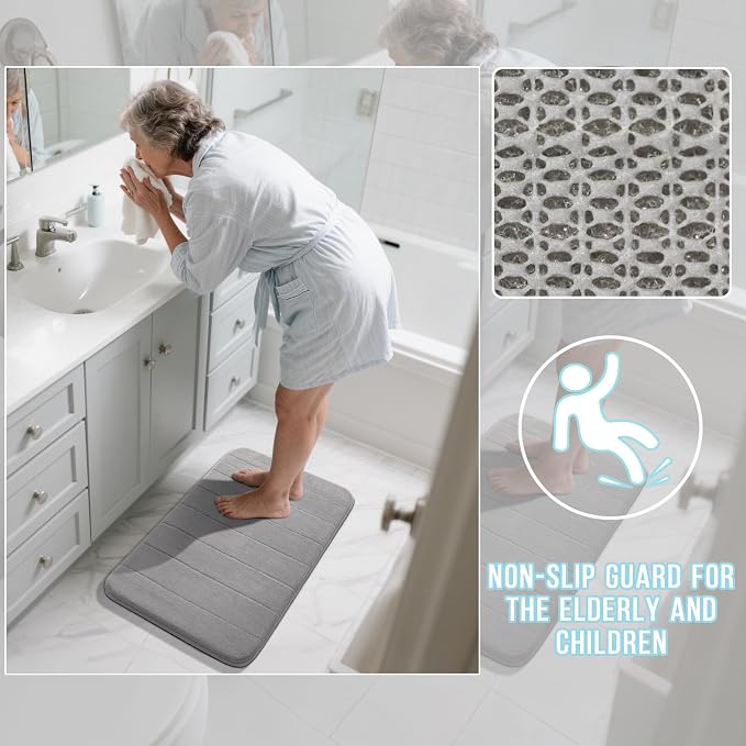 Yimobra Large Bath Mat Set 2 Piece- Super Soft Absorbent Quick Dry Memory Foam Bathroom Rugs, Machine Washable Non Slip Floor Carpet for Tub Shower & Double Vanity (17x24 & 44x24, Gray)