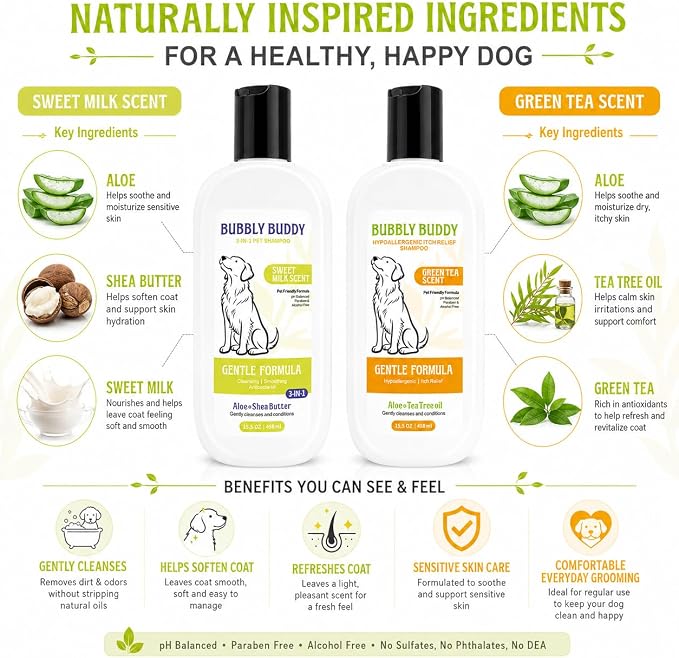Dog Shampoo 2-Pack, 3-in-1 Sweet Milk Scent Dog Shampoo 15.5 fl oz + Hypoallergenic Itch Relief Shampoo 15.5 fl oz Green Tea Scent, Sensitive Skin & Soft Coat Care