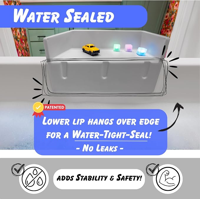 Tub Topper Mini Bathtub Splash Guard & Bath Shelf for Kids - Toy Tray, Gray | Toddler Storage Ledge, Patented Lip Design, Non-Silicone, BPA-Free, Easy to Remove & Clean, Made in USA