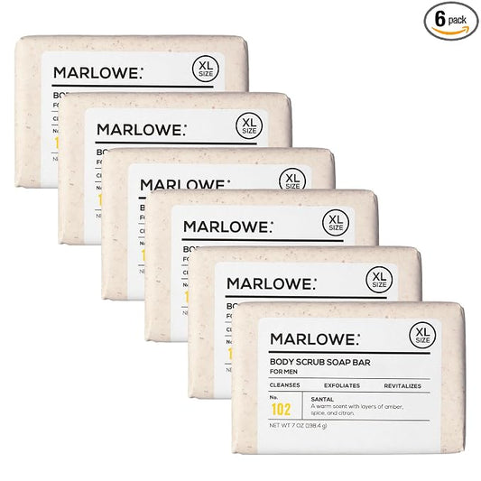 MARLOWE. Body Scrub Soap, Exfoliating Soap Bar, Santal, 7 oz (6 Bars) | Scrub Soap Bar that deeply cleanses and exfoliates while buffing away rough, dry skin. Warm Santal scent.