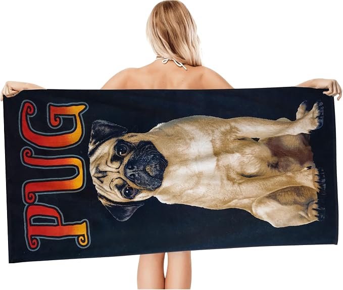 Pug Beach Towel 30”x60” – 100% Cotton Velour, Highly Absorbent, Fast Drying, Easy Pack for Spring Break, Vacation, Beach, Pool, or Sunbathing – Lightweight, Compact for Travel – Cute Pet Novelty Gift