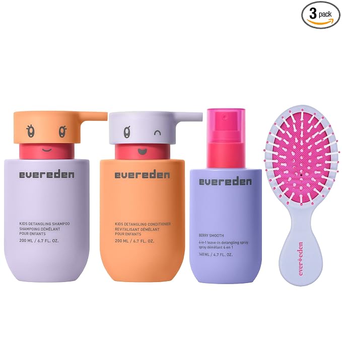 Evereden Kids Shampoo, Conditioner & Detangling Spray Set | Dermatologist-Tested, Plant Protein Peptides & Argan Oil | Gentle, No Silicones, Sulfate & Paraben-Free | Vegan Haircare + Brush, Ages 3+