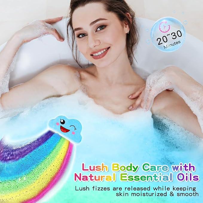 Rainbow Bath Bombs for Kids, Handmade 4 Pcs Kids Bath Bombs Gift Set for Girls Teens Toddler Rainbow Bubble Fizzy