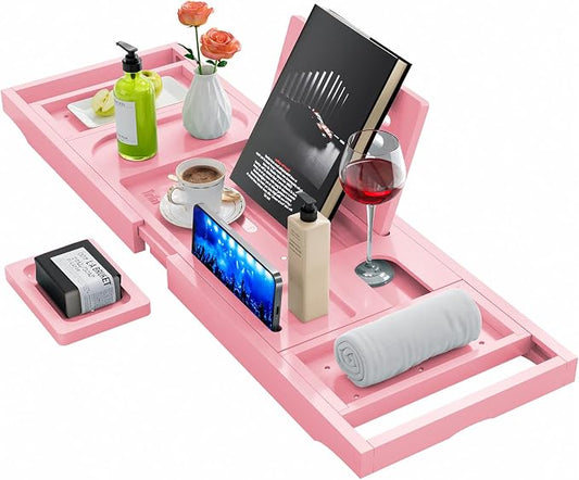 Premium Bathtub Tray Caddy, Expandable Bath Tray, Unique House Warming Gifts, New Home, Anniversary and Wedding Gifts for Couple, Pink