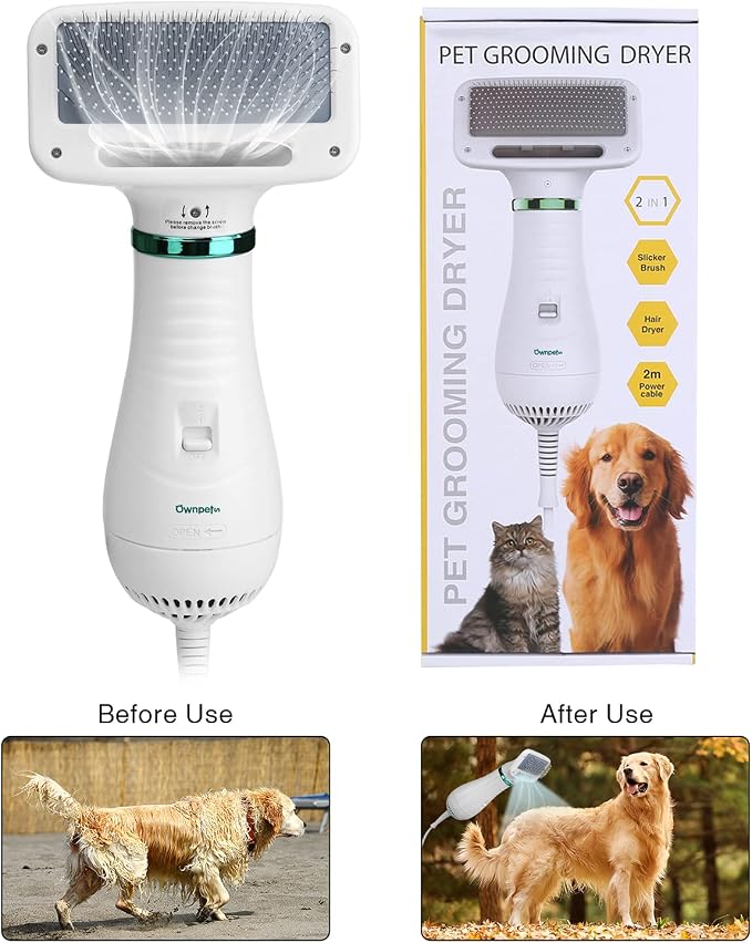 Ownpets Pet Hair Dryer, 2 in 1 Quiet Portable Pet Grooming Blower with Slicker Brush, Adjustable Temperature & Fast-Drying Towel, Home Pet Care for Dogs, Cats & Other Coated Breed