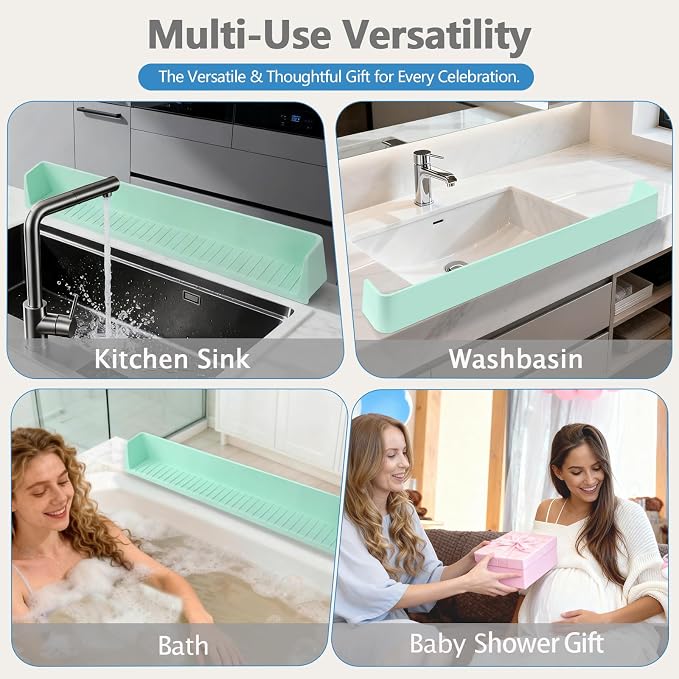 31.5" Bathtub Splash Guard for Tub Kids, Silicone Splash Shield with 11 Suction Cups, Toy Tray Shelf, No Spill Water Barrier, Prevents Mess, Fun Bathtime for Toddlers Baby–Green