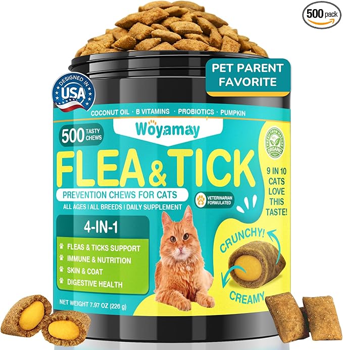 Woyamay 4-IN-1 Flea and Tick Prevention for Cats, 500 Crunchy & Creamy Chews, Cat Flea Treatment, Natural Oral Flea Treatment for Cats, Daily Support for Flea, Immune, Skin & Coat, Gut, Chicken Flavor