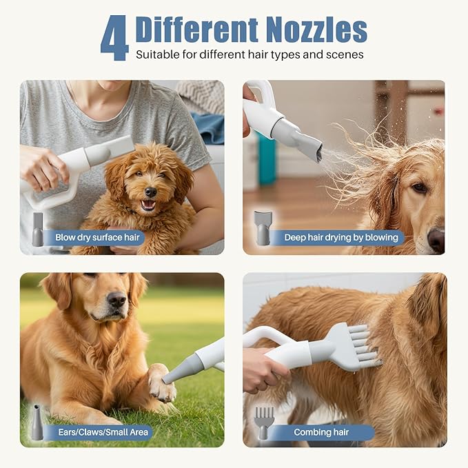 DUMOS Dog Blow Dryer Grooming Vacuum Kit, Cat Dog Hair Dryer with Adjustable Wind Speed & Heater Temperature, Cool-Warm-Hot Cycle Mode, 4 Nozzles, 6.5FT Cord for Low Noise Pet Hair Remover - White