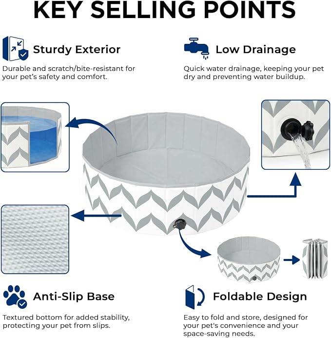 furrybaby Dog Pool for Large Dogs, Foldable Hard Plastic Pet Swimming Pool, Heavy Duty 0.5mm PVC with Non-Slip Bottom, Portable Kiddie Pool for Dogs, Pet Bath Tub for Backyard Summer, GW 63“