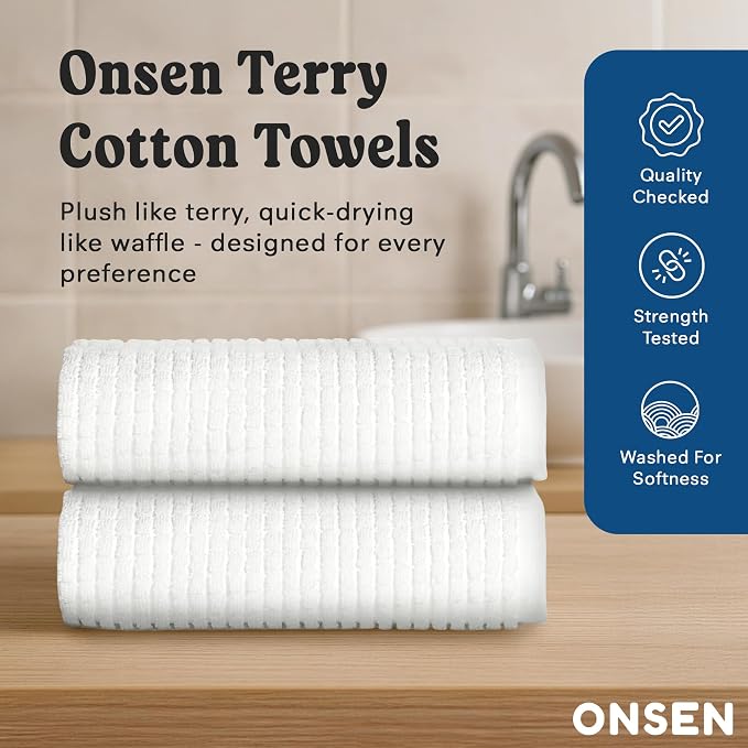 ONSEN Sculpted Terry Hand Towels, 100% American Cotton, Quick Dry Lint Free, Lightweight Absorbent Hand Towel Set with Hanging Loop, 20x30 in (White, 2X Hand Towel)