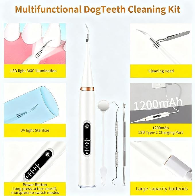 Dog Tartar Remover for Teeth, Dental Tools to Remove Plaque and Tartar, Pet Teeth Cleaning Kit with LED Light & USB, 5 Modes, IPX6 Waterproof, Silent Sonic for All Dogs and Cats, White