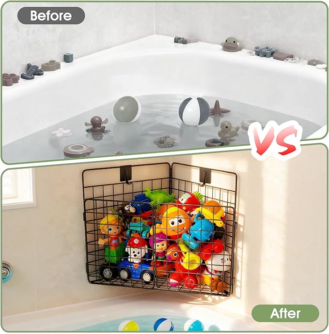 Large Bath Toy Storage, Metal Bathtub Shower Toy Holder, Foldable bath Tub Toy Organizers, Bathroom Toy Storage with Drainage for Sorting Toys/Clothes/Toiletries (1pc corner)