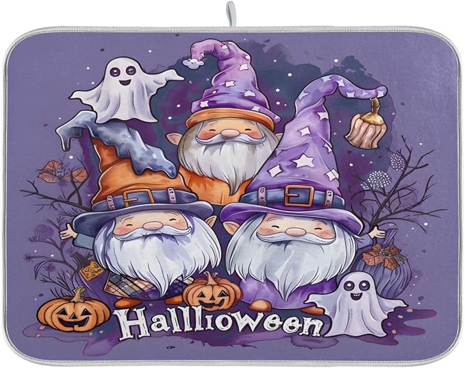 Halloween Gnome Ghosts Cute Absorbent Dish Drying Mat, Dishes Drainer Protector Pad Pot Holder for Kitchen 18 x 24 Inch