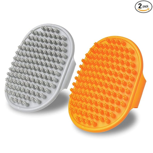 XIGOU Dog Bath Brush, 2 Pcs Short Hair Grooming Brush for Dogs & Cats - Soothing Massage Rubber Bristles Curry Comb with Adjustable Handle