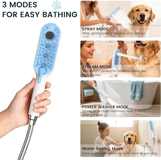 4 Mode Dog Shower Attachment, High Pressure Handheld Sprayer with ON/OFF Switch, 78 Inches Stainless Steel Hose, Diverter, Adhesive Holder, for Indoor/Outdoor Dog Bathing and Cleaning