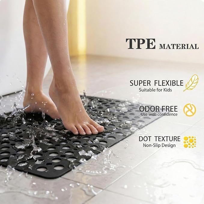 Nonslip Bathtub Mat Extra Soft TPE Bath Mat for Kids, Machine Washable Bathroom Shower Mat(Black, 30L x 17W Inch)