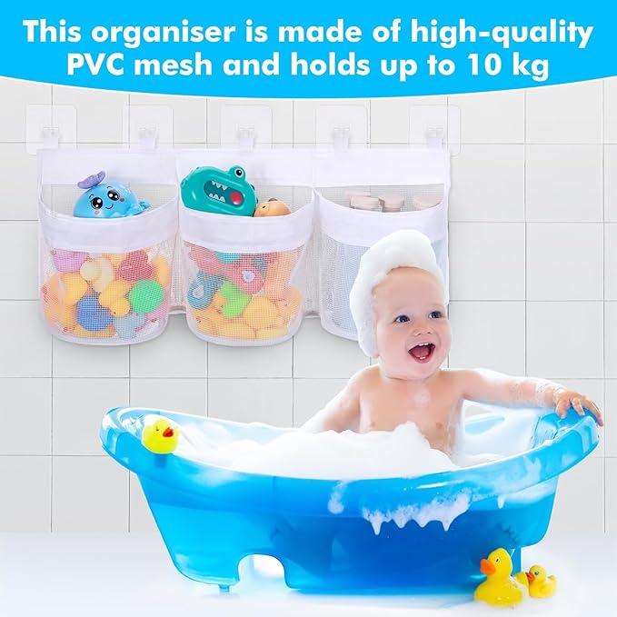 Bath Toy Storage Organizer, 3 Compartment Bath Toy Holder for Tubs, Large Capacity & Quick-Drying Mesh - 5 Strong Adhesive Hooks for Easy Access