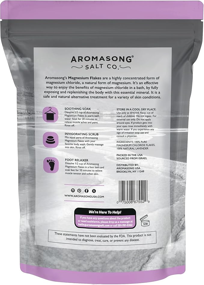 Aromasong RAW Magnesium Bath Flakes with 100% Natural Lavender, 3 LB Muscle Relaxing Organic Salts Mg Chloride, Mineral Soak. (Packaging May Vary)