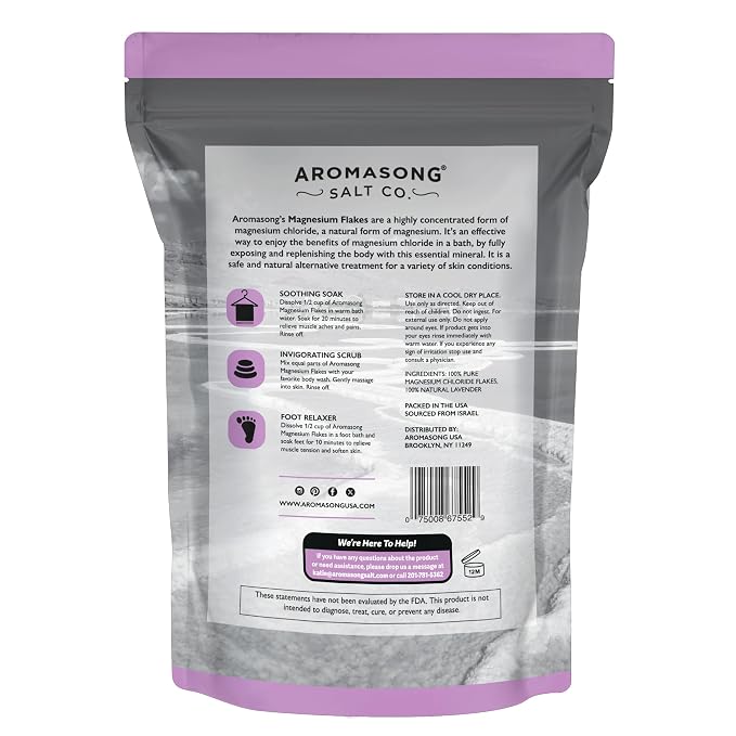 Aromasong RAW Magnesium Bath Flakes with 100% Natural Lavender, 3 LB Muscle Relaxing Organic Salts Mg Chloride, Mineral Soak. (Packaging May Vary)
