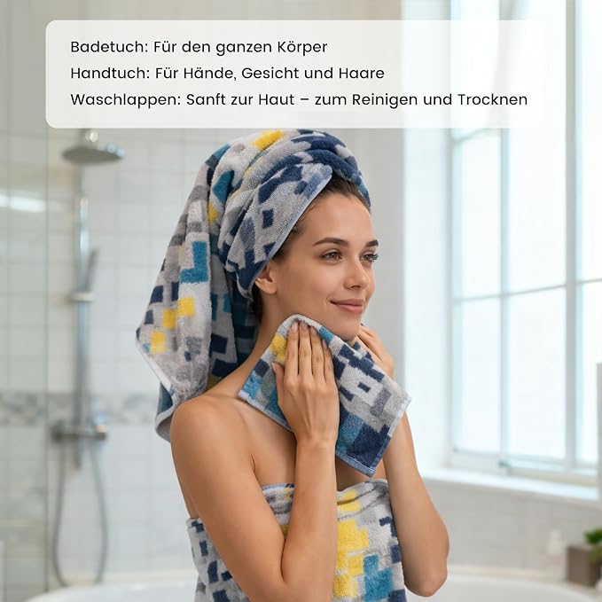SEMAXE 12-Piece Cotton Bath Towel Set for Bathroom, Geometric Pattern | Balanced towel set for family showers, sink-side use, guest baths, and wash-day rotation, OEKO-TEX certified, easy care