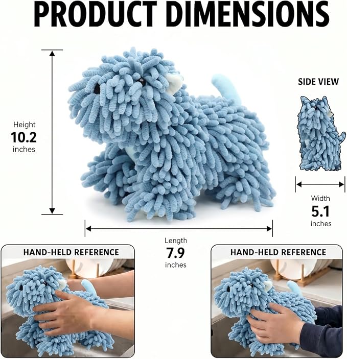 Cute Dog Chenille Hand Towel, 3D Fuzzy Puppy Hangable Ball Hand Towel Microfiber Super Soft Absorbent Bathroom & Kitchen Towels with Hanging Loop, Can Be Placed on the Sink Countertop (Blue)