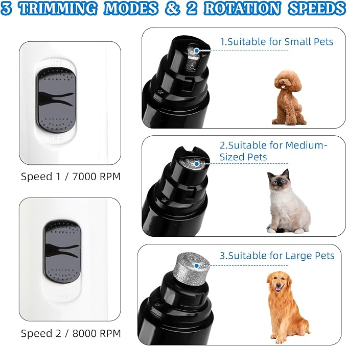 CRIVERY Upgraded Quiet Dog Nail Grinder, 2-Speed Rechargeable Pet Nail Grinders, Electric Painless Paw Grooming Smoothing Tool for Small/Medium/Large Dogs & Cats