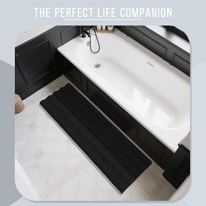 Yimobra Bathroom Runner Rugs 60"x24", Non Slip and Absorbent Bath Mat, Super Soft Water Absorbent Hallway Carpet, Machine Washable Rug for Vanity Tub Shower, Black