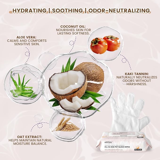 IMMHABI 100 Count Cleaning Deodorizing Pet Glove Wipes for Dogs & Cats, Hypoallergenic Dog Bath Wipes with Natural Deodorizer Persimmon Tannin, Pet Bathing Wipes for Horse Coat Care Coconut Scent