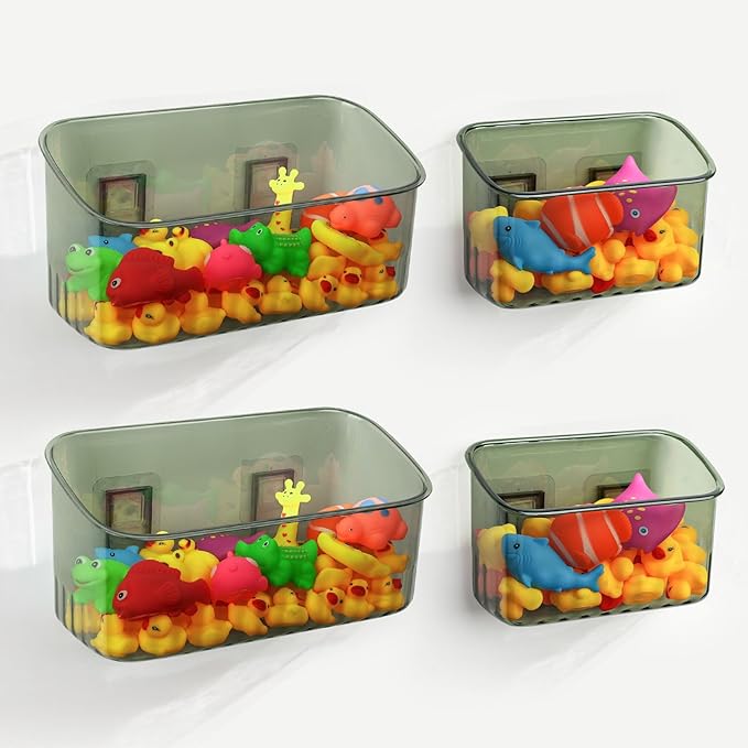 Bath Toy Storage Holder for Bathtub 4pcs, Large Capacity Clear Bath Toy Holder,Staple Free Sticky Bath Toy Organizer,Suitable for Bathroom Toy Organisation and Storage