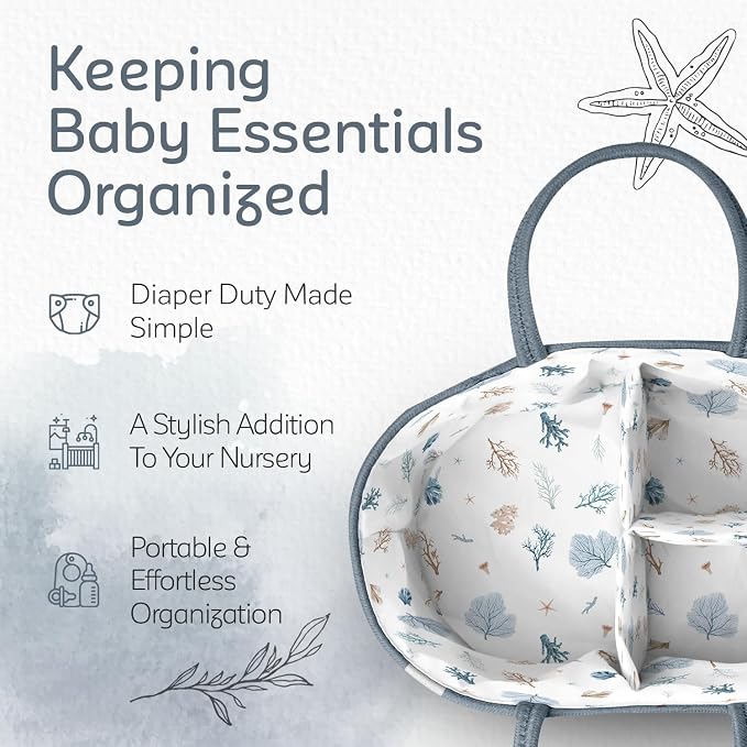 KiddyCare Diaper Caddy Organizer for Baby Nursery Basket with Handle Lid | Nursing bag with Changing Table Organizer Cart | Newborn Caddy | Blue PTRN X-Large