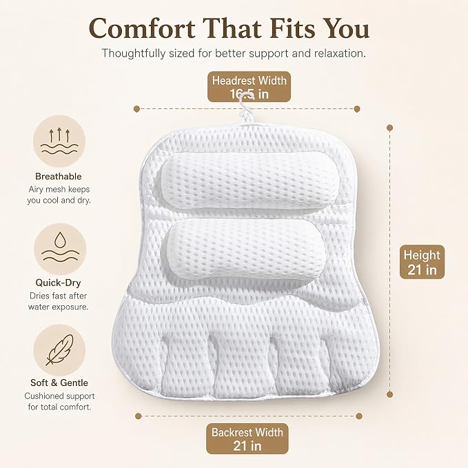 Luxury Bath Pillow for Tub, with 10 Strong Suction Cups, Non-Slip Bathtub Pillow for Head Neck & Back Support, Extra Large 21” Spa Bath Pillow, 4D Air Mesh Quick-Dry, Gift for Women(White)