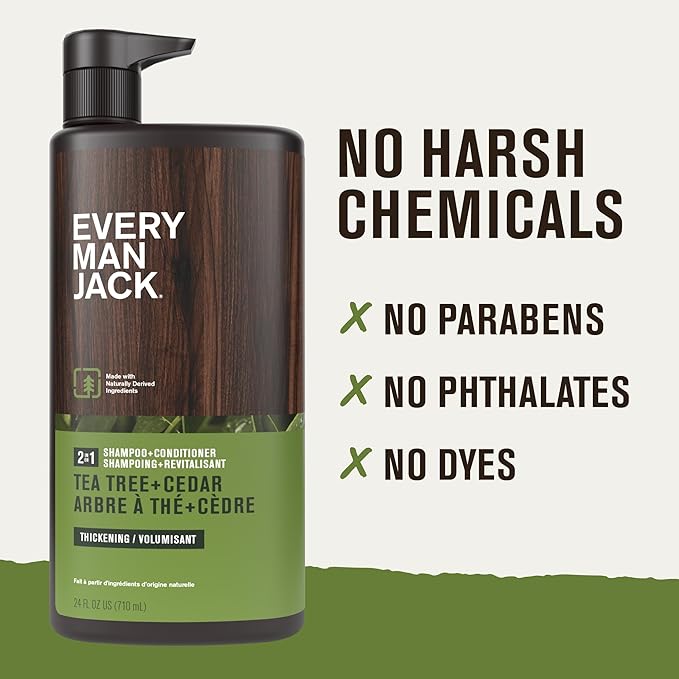 Every Man Jack Mens Shampoo and Conditioner 2 in 1 - Thickening Tea Tree - Moisturizing, Volumizing - Free of Parabens, Phthalates & Dyes - 24oz - 1 Bottle