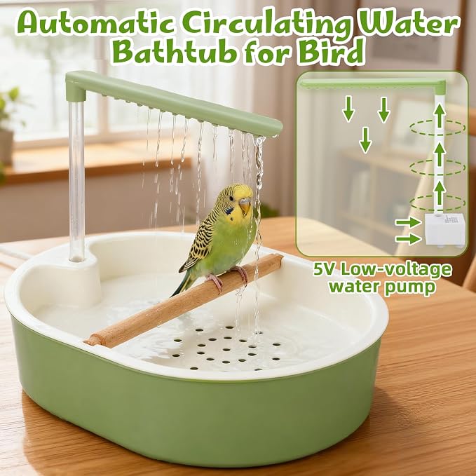 Automatic Bird Bath with Pump, Parrot Bathtub with Anti-Bite Cord Protector, USB Electric Large Bird Bathtub Water Circulating Bird Shower for Parakeet Cockatiel African Grey Lovebird Green