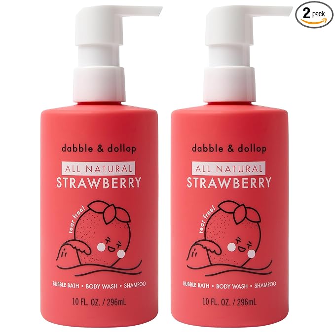 Dabble & Dollop Strawberry Kids 3-in-1 Body Wash, Shampoo & Bubble Bath – Tear-Free, Gentle, Natural-Origin, Hypoallergenic and Safe for Sensitive Skin (10 fl oz, Pack of 2)