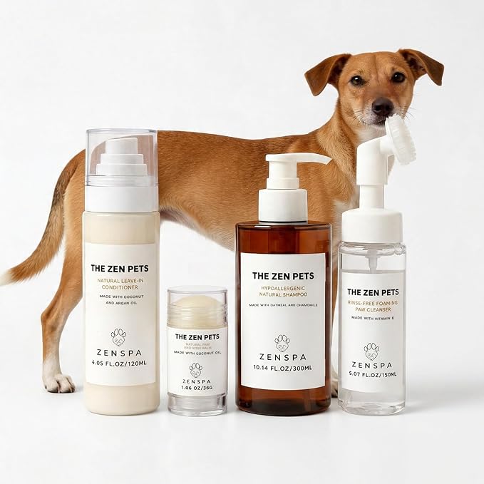ZenSpa 4-in-1 Dog Spa Kit | Oatmeal Shampoo, Conditioner, Paw Cleaner and Nose Balm | Hypoallergenic Natural Formula for Sensitive Skin | All Breeds and Puppies