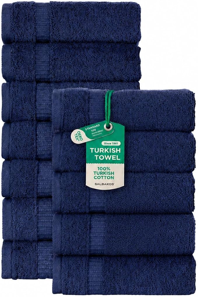 SALBAKOS 100% Turkish Cotton Washcloth Set of 12 13x13 inch | Heirloom Quality | Hotel & Spa Collection | Ultra Soft, Super Absorbent, Washcloth Towels | Made in Turkey (Navy, 12 Washcloths)