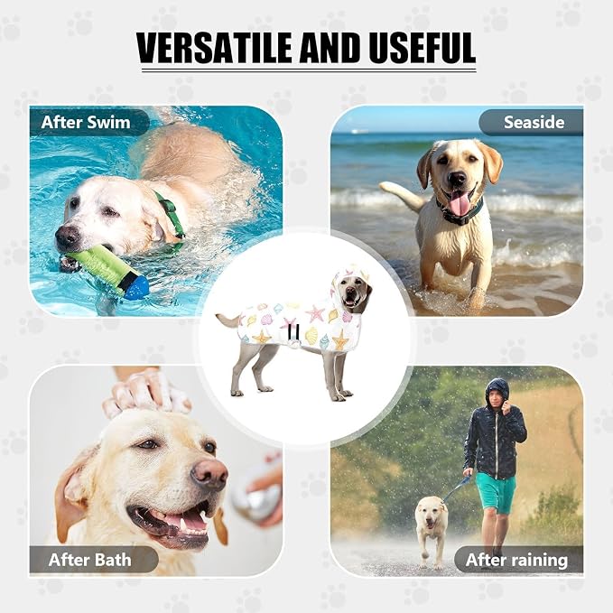 Beach Seashells White Starfish Printing Dog Bathrobe Towel Super Absorbent Dog Drying Coat for Drying Dogs, M
