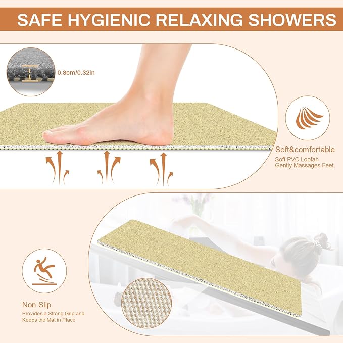 Non Slip Shower Mat 24"x16", Loofah Shower Mat for Inside Shower, Quick Drying Bath Mat for Tub & Bathroom Floor, Soft Textured & Elderly Safe, Machine Wash, Beige