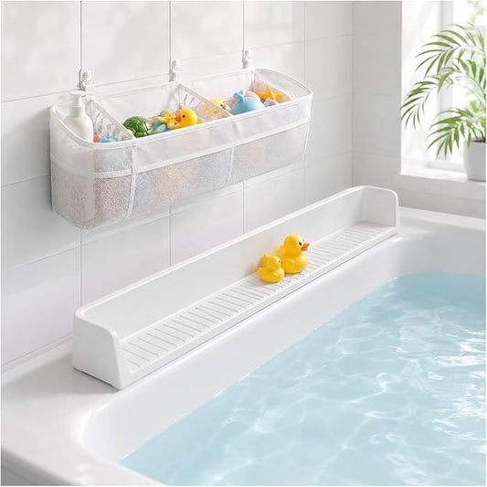 Bathtub Splash Guard with 11 Strong Suction Cups & 3-Compartment Bath Toy Organizer – Tub Water Splash Barrier with Large Storage Openings for Bath Toys, Bathroom Organization & Tub Accessories