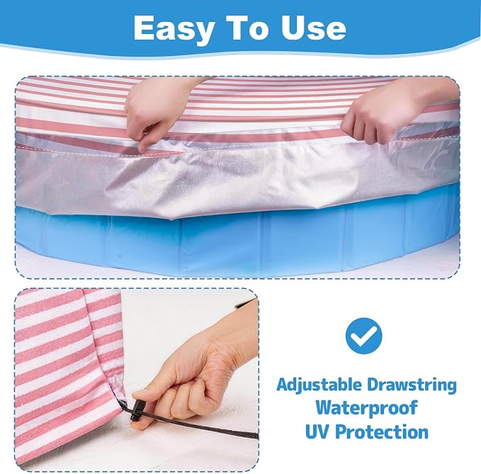 Foldable Round Dog Swimming Pool Cover, for 32"/48"/63" Collapsible Outdoor Tub,PVC Coating Waterproof and UV Protection (M-48 * 12 inch, Pink Stripes)