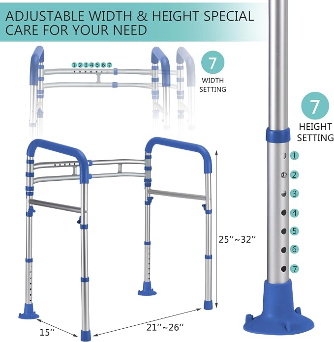 Lianjindun Toilet Safety Rails (350 lb), Adjustable Toilet Frame for Elderly, Seniors, Handicap & Disabled, Foldable Handicap Toilet Handles Fit Any Toilets（Dark Blue）
