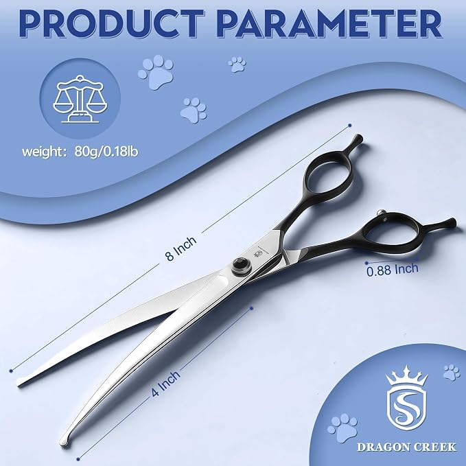 Dragon Creek 8" Downward Curved Dog Grooming Scissors Shears for Grooming Face and Paws Safety Round Tips Shears Trimming Cutting Scissors for Dog Cat Pet Black