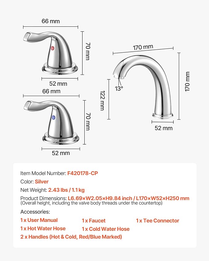 VEVOR Roman Tub Faucet, 3 Hole Waterfall Bathtub Faucet, Bath Tubs Faucets Set with 2 Handles, Deck Mount Bath Tub Faucets Set for Pet Washing, Adult Bathing, Chrome, High Arc Spout