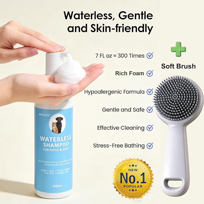 Waterless Cat Shampoo with Brush, Cat Bath No Rinse Dry Foam, Reduce Itchy Skin Shedding and Odor Control, Cats Kitten Shampoo