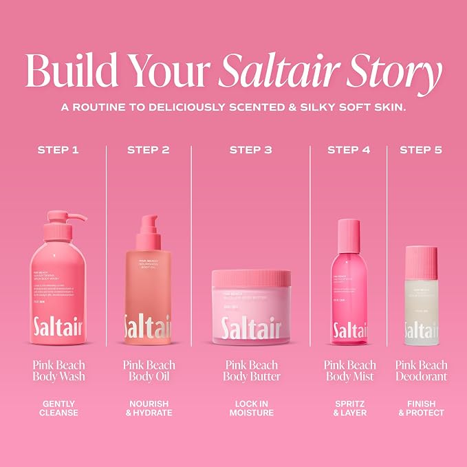 Saltair Body Oil. Jumbo Size Pink Beach After Shower and Bath Oil for Women and Men. Botanical, Non-Greasy, and Well-Absorbing Moisturizer for Hydrating Dry Skin – 10oz Bottle