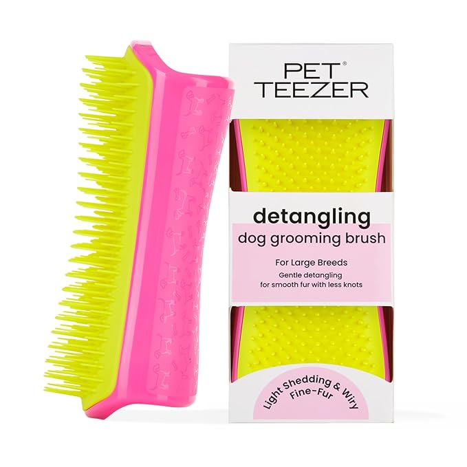 Pet Teezer Detangling Dog Grooming Brush, Dog Bath Brush for Long Haired Breeds and Wet or Dry Fur, Large, Pink & Yellow