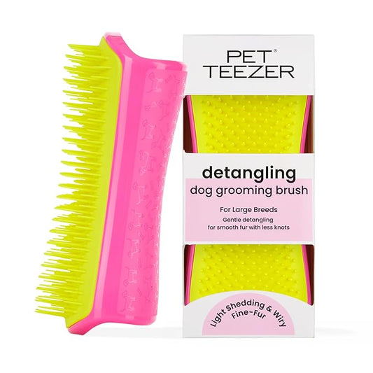 Pet Teezer Detangling Dog Grooming Brush, Dog Bath Brush for Long Haired Breeds and Wet or Dry Fur, Large, Pink & Yellow
